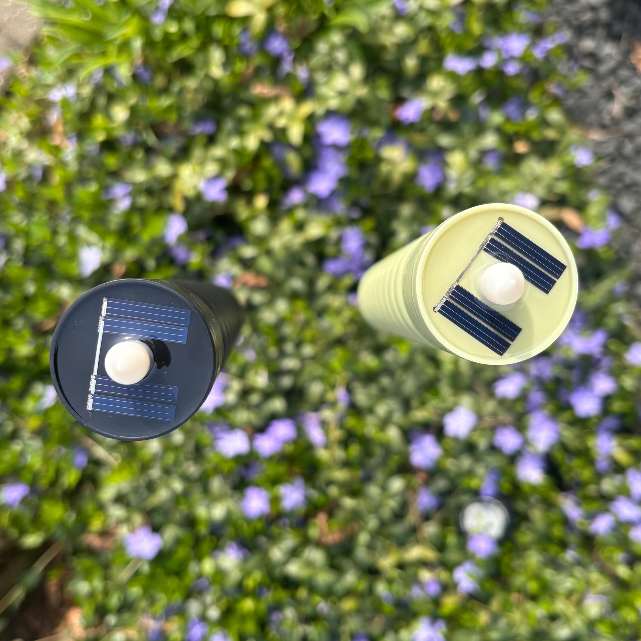 Witte solar lantaarn tussen de bloemen